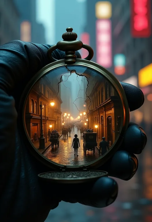 A Close-up Of An Old, Cracked Pocket Watch Held In A Gloved...