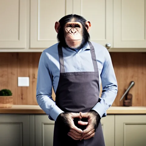 Chimp Man Standing In The Kitchen Wearing An Apron — Stable Diffusion AI Prompt: chimp man standing in the kitchen wearing an apron