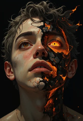 A Surreal Close-up Of A Human Face Where The Skin Appears To... — FLUX AI Prompt: A surreal close-up of a human face where the skin appears to crack open like cer...