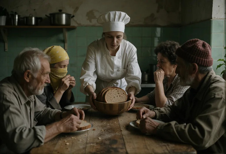 A Young Caucasian Woman Wearing A Tall White Chef Hat And Ma...