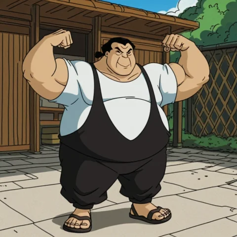 Stable Diffusion tohru male flexing — Stable Diffusion AI Prompt: tohru, male, human, black hair, black eyes, muscle, fat, white shirt, black over...