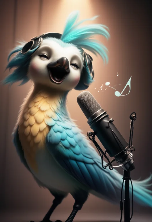 The Anthropomorphic Bird, Wearing Elegant Headphones, Stands...
