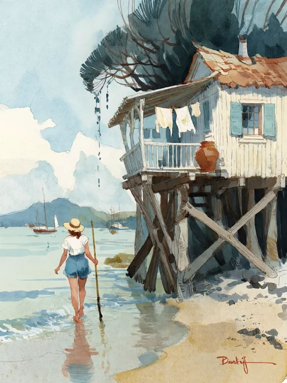 Bradhamel Art Style. A Watercolor Painting Of A Weathered Wo...