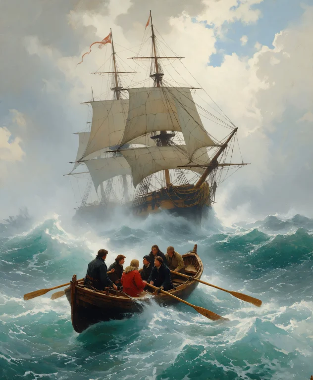 A Dramatic Oil Painting Of A Stormy Sea With A Large, Partia...