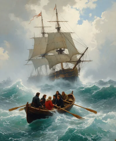 A Dramatic Oil Painting Of A Stormy Sea With A Large, Partia... — Stable Diffusion AI Prompt: A dramatic oil painting of a stormy sea with a large, partially submerged three-...