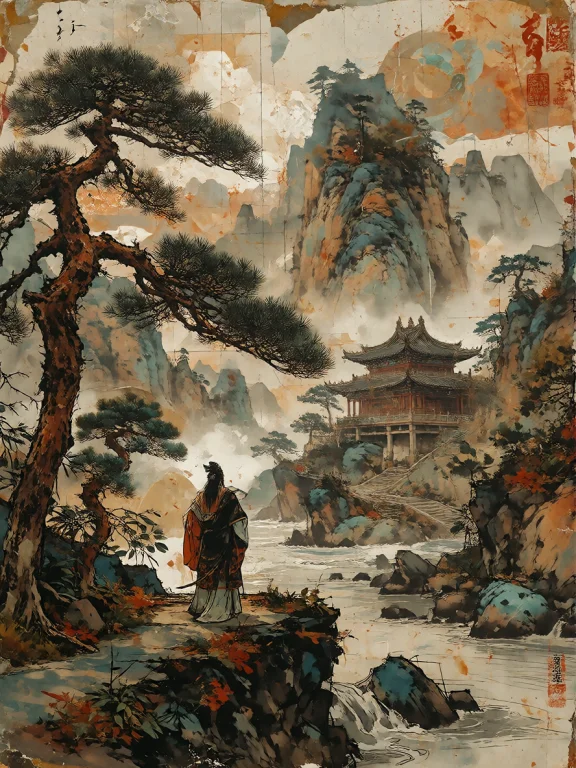 A Traditional Chinese Scholar Standing Within A Vast Classic...