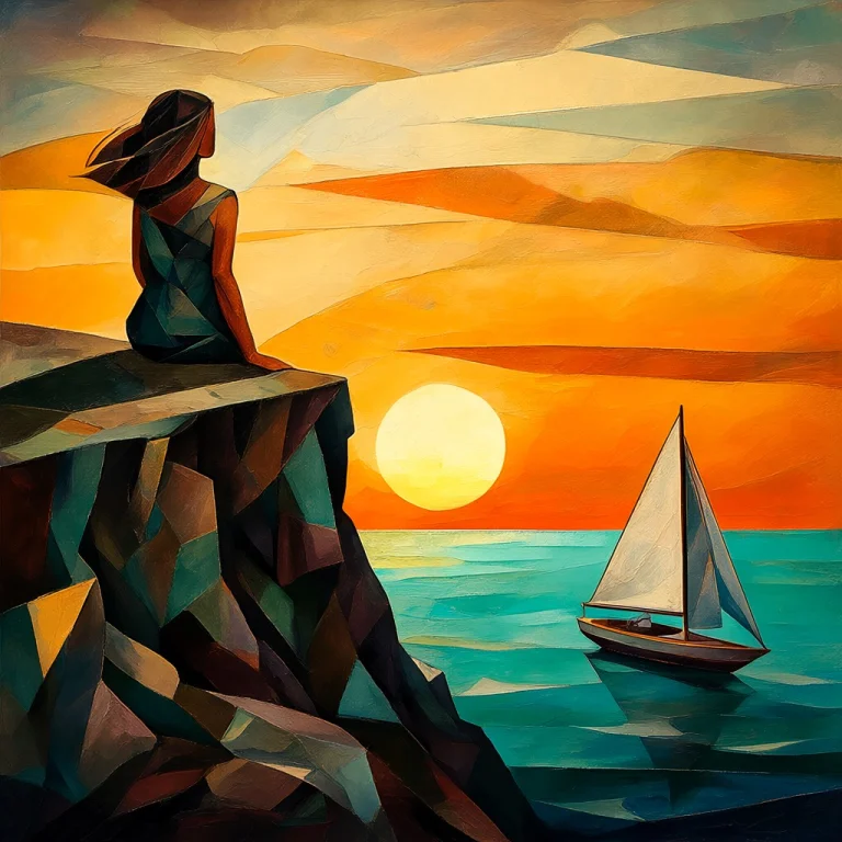 Solitary Woman Figure Watching Sunset Ocean From A Cliff. Wh...