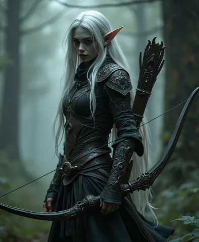 8k Wallpaper Of A Female Drow Ranger, With Dark Ashy Skin An... — FLUX AI Prompt: 8k wallpaper of a female drow ranger, with dark ashy skin and long white hair we...