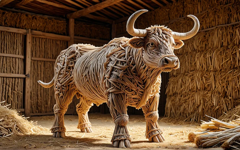 Spanish Straw Bull Sculpture Standing Forward-facing, Detail...