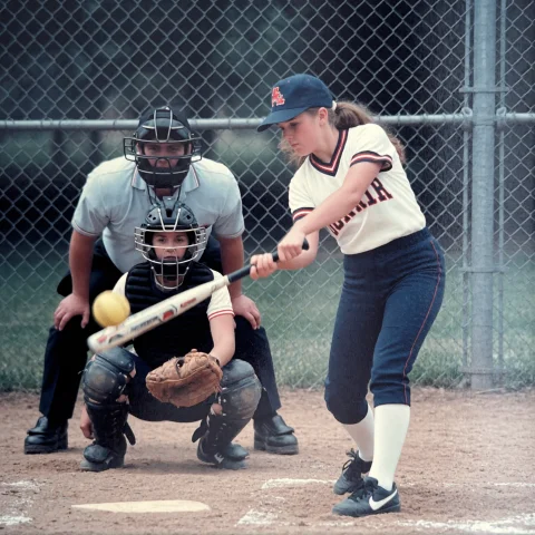 Faded80s, A Young Woman Playing Softball. She Is At Bat, A C... — Stable Diffusion AI Prompt: faded80s, a young woman playing softball. She is at bat, a catcher and a male um...