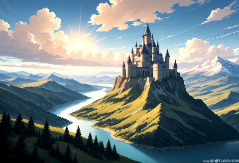 Desktop Wallpaper, Landscape, Beautiful Sky, Mountains, Beau... — Stable Diffusion AI Prompt: desktop wallpaper, landscape, beautiful sky, mountains, beautiful castle in the...