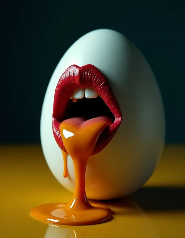 Close-up Of A Large Chicken Egg With A Womans Full, Lush Lip...