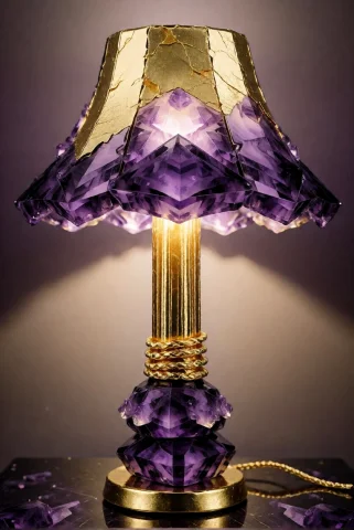 Goldamethystworld, An Oversized Floor Lamp With A Flared Sha... — Stable Diffusion AI Prompt: GoldAmethystWorld, an oversized floor lamp with a flared shade of thin gold foil...