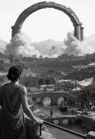 A Colossal Ring Of Broken Colonnades Hangs Above The City, I... — Stable Diffusion AI Prompt: A colossal ring of broken colonnades hangs above the city, its segmented stonewo...