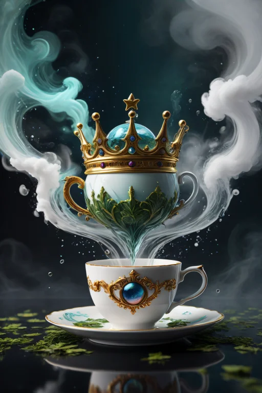 Sci-fi Style Crown Floating Amidst Swirling Steam And Tea Le...