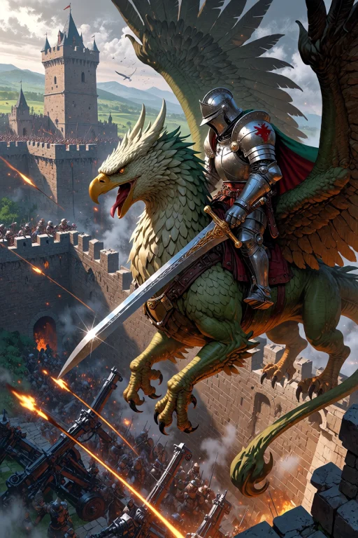 , Knight Riding A Griffin Over A Besieged Castle Wall Siege...