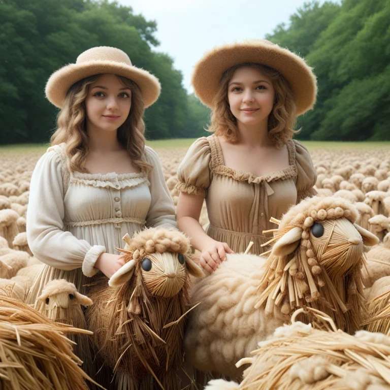 Masterpiece Multiple Sheep Girls Getting There Fleece Sheare...