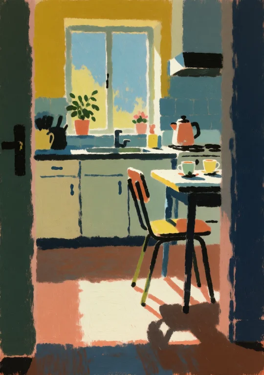 A Small Kitchen With A Window Over A Sink, A Kettle And Two...