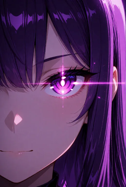 An Anime Girl With Long, Straight Purple Hair And Blunt Bang...