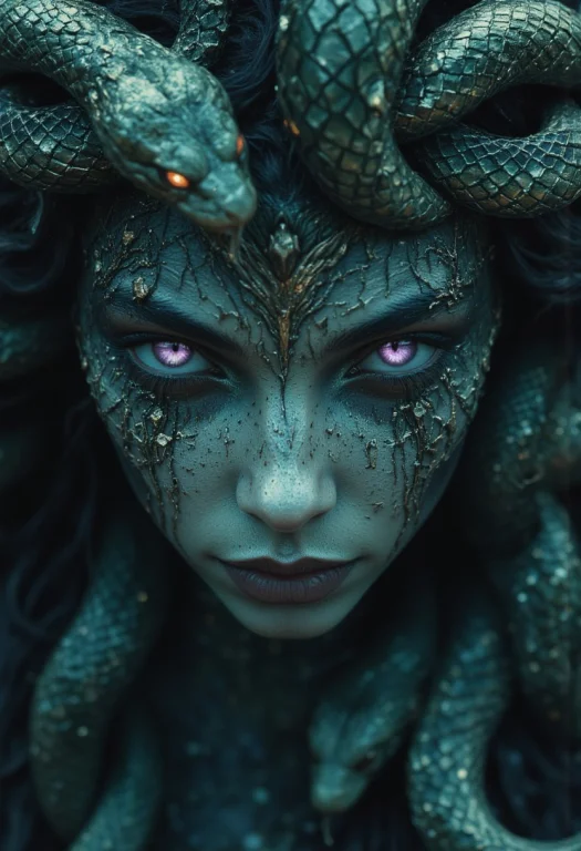 This Image Features A Close-up Of Medusa, A Goddess With Sna...