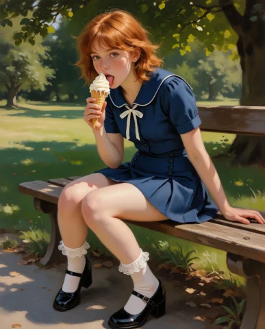 Realistic Young Woman Eating Ice Cream — Stable Diffusion AI Prompt: realistic,masters oil painting, chiarroscurro, rule from renaissance realistic p...