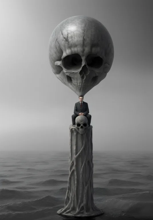 Surrealism, A Man Sitting On Top Of A Giant Pillar In The Mi...