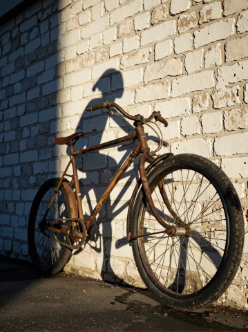 A Rusted Bicycle Leaning Against A Brick Wall, Its Shadow Sh... — FLUX AI Prompt: A rusted bicycle leaning against a brick wall, its shadow showing a rider pedali...