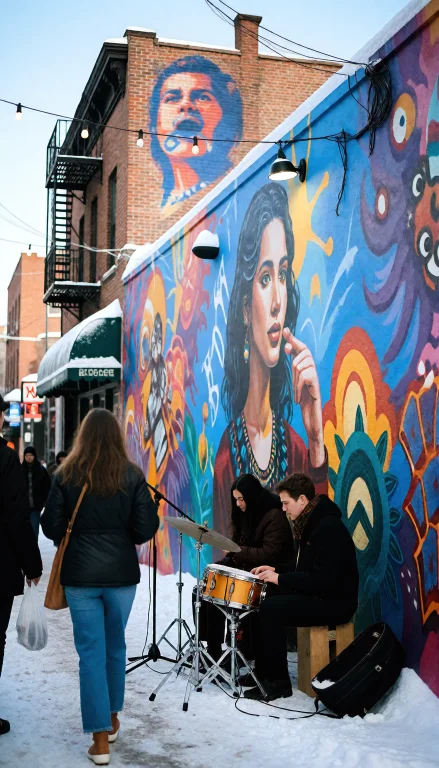 A Bustling Street, With People Watching, Vibrant Murals On T...