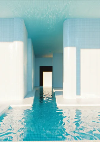 Loran1-pool Room0.65 Liminal Space, No Humans, Pool0.1, Bath... — Stable Diffusion AI Prompt: liminal space, no humans, [pool::0.1], (bathhouse:1.2), water reflection, white...