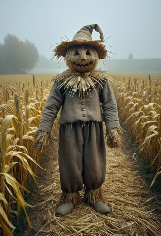 Hyperrealistic Scarecrow Photo Prompt — SDXL AI Prompt: 8k, Raw digital photo, an old scarecrow standing alone in a cornfield, a hollow...