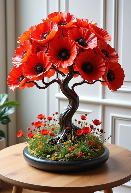 A Beautiful Statue Of A Tree Made Of Poppy,red,flowers,8k,ph...