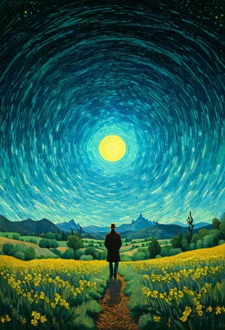 A Man Stands In The Wilderness, Blue Dot Light Spinning, Vin... — SDXL AI Prompt: A man stands in the wilderness, blue dot light spinning, Vincent van Gogh's pain...