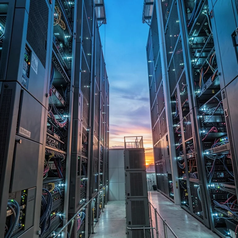 A Data Center Cathedral Humming With Cold Light, Blue Hour,...