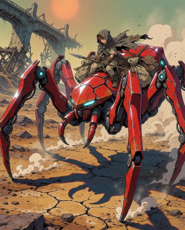 Caption A Colossal, Crimson-red Spider-mecha Strides Across...