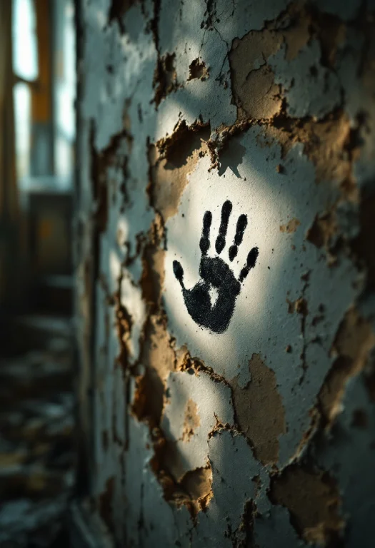 A Haunting Close-up Of A Small, Dusty Handprint On A Crumbli...
