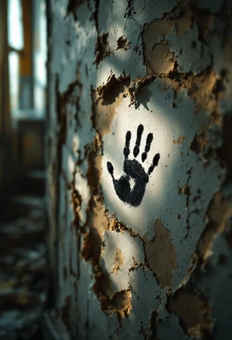 A Haunting Close-up Of A Small, Dusty Handprint On A Crumbli... — FLUX AI Prompt: A haunting close-up of a small, dusty handprint on a crumbling wall, its delicat...