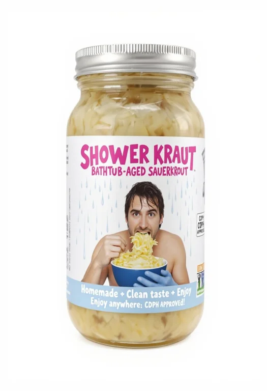 A Jar Of Sauerkraut With A Comical And Absurd Label Design....