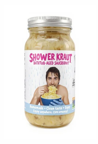 A Jar Of Sauerkraut With A Comical And Absurd Label Design.... — FLUX AI Prompt: A jar of sauerkraut with a comical and absurd label design. The label reads 'SHO...