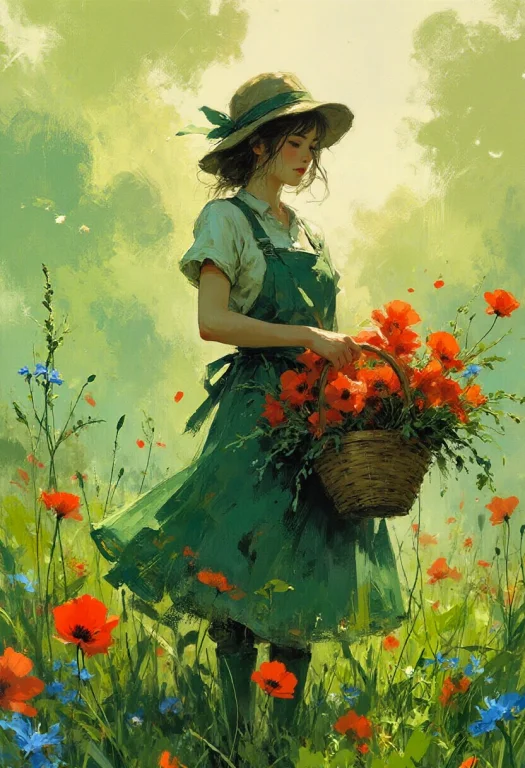Create An Image Of A Lovely Woman Wearing A Green Gardening...