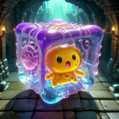 Cinematic Shot Of A Fantasy Cute Little Gelatinouscube, Dung... — Stable Diffusion AI Prompt: cinematic shot of a fantasy cute little GelatinousCube, dungeon in background, h...