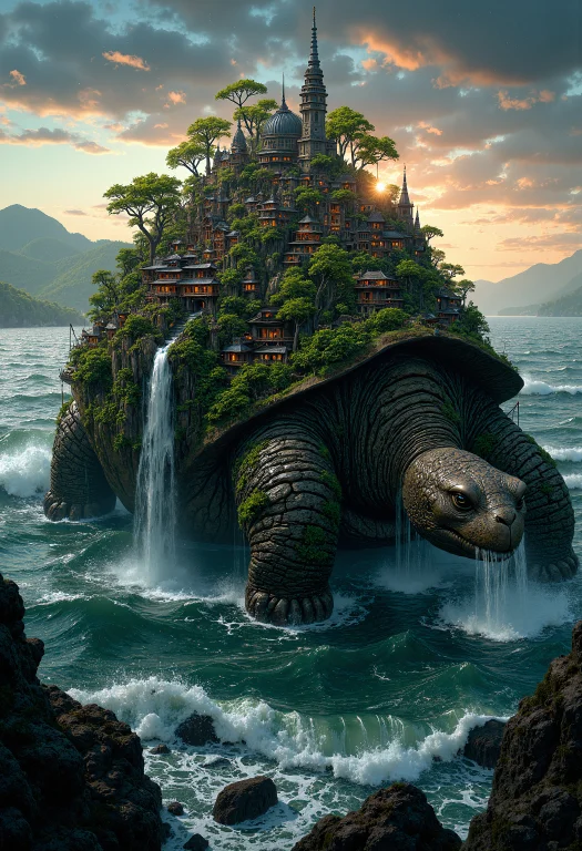 Hyper-realistic Scene Of A Giant Ancient Tortoise With A Cit...