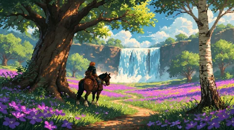Pixel Art Zelda Fantasy Horseback — Stable Diffusion AI Prompt: pixelart, ta86_inkriot, thin black outlines, this scene look zelda breath of the...