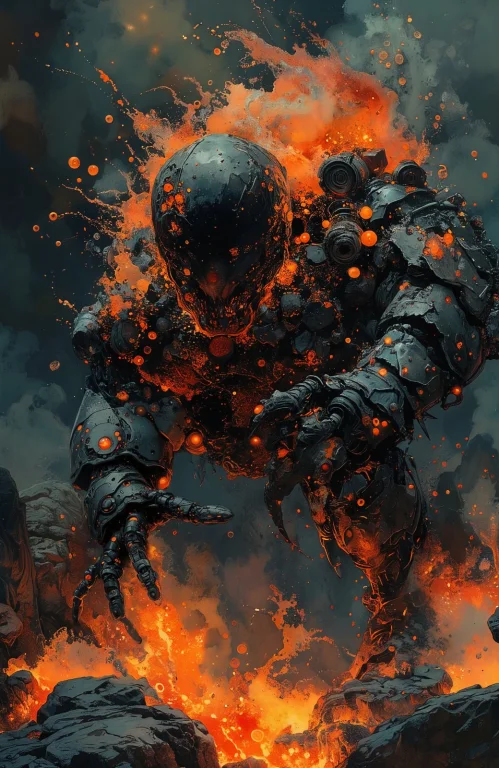 Robot Wizard, Concept Art Volcanic Fire Deep Charcoal Black,...