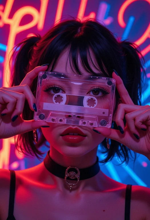 A Close-up Of A Woman Holding A Transparent Cassette Tape In...