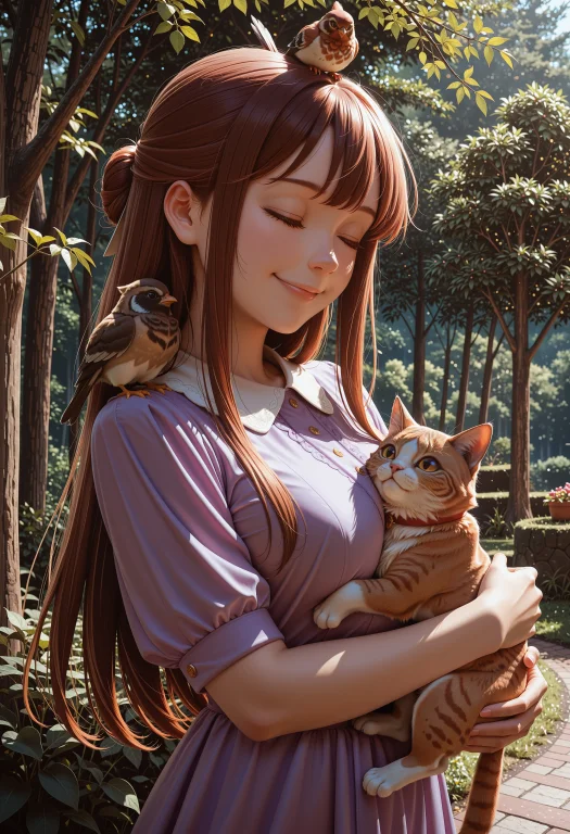 1girl, Brown Hair, Sidelocks, Half Updo, Long Hair, Purple D...