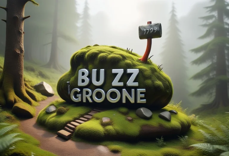 A Mossy Rock Rolls Down A Green Hill, With Trees Made Of Cro...