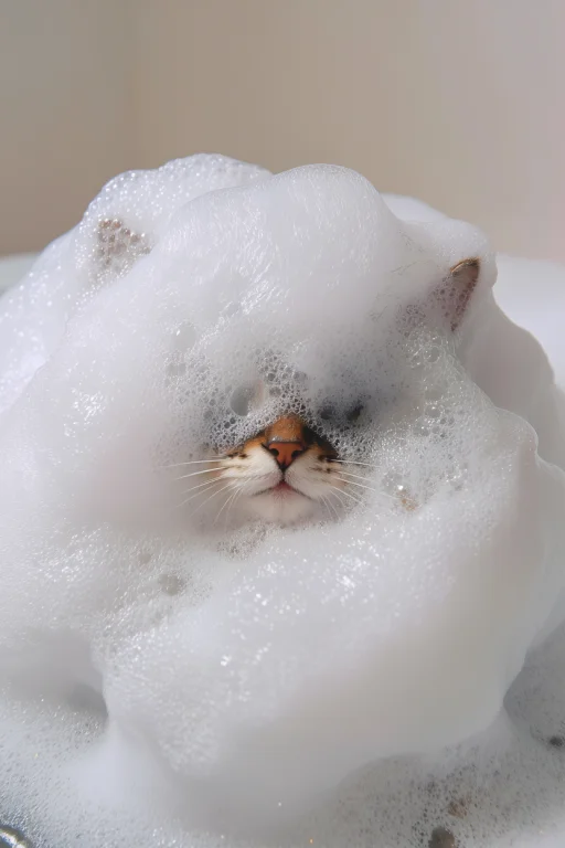 A Close-up, Mysterious Photo Of A Cat Taking A Bubble Bath....