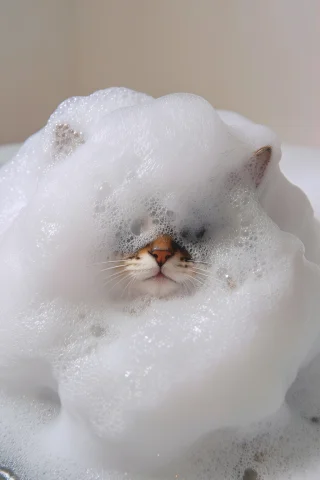 A Close-up, Mysterious Photo Of A Cat Taking A Bubble Bath.... — Stable Diffusion AI Prompt: A close-up, mysterious photo of a cat taking a bubble bath. The thick white bath...