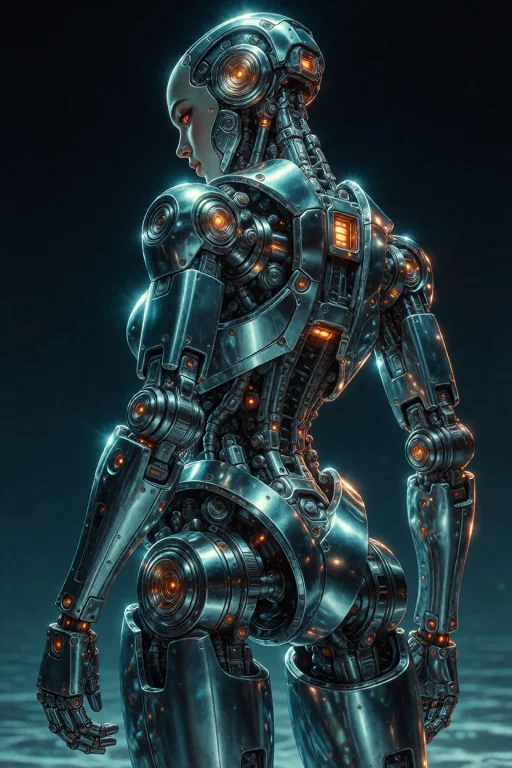 From Behind Low Angle 34 Sideways View, A Female Robotic And...