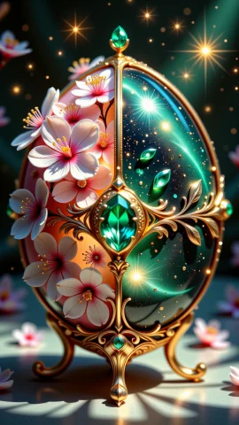 Reij-ccntdlty, Still Life Setting Of Dual Nature, An Faberg-... — FLUX AI Prompt: reij-ccntdlty, still life setting of dual nature, an FabergÃ©-Egg, 2 parts of du...